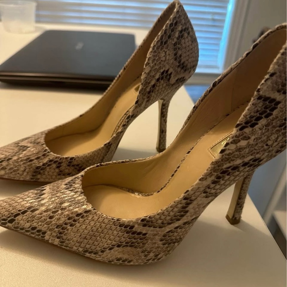 Brown and Tan High Heeled Pumps with Snakeskin Pattern
